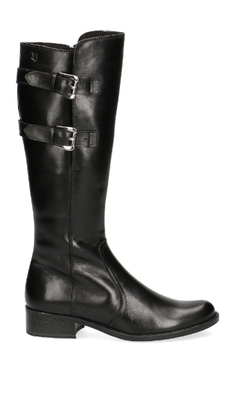 caprice-black-leather-double-buckle-flat-leather-boot
