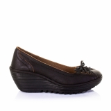 Fly London Yio Black mid wedge leather court shoes